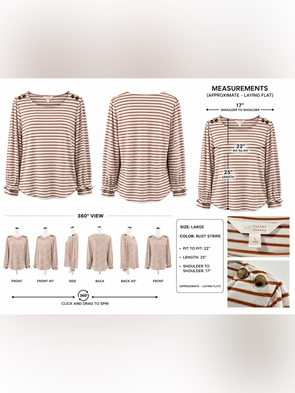 EUC - LC Lauren Conrad Cream and Rust Striped Long Sleeve Top Large